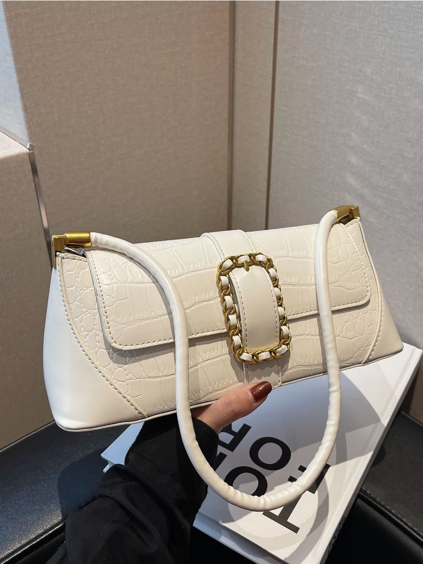 Crocodile Embossed Buckle Decor Baguette Bag