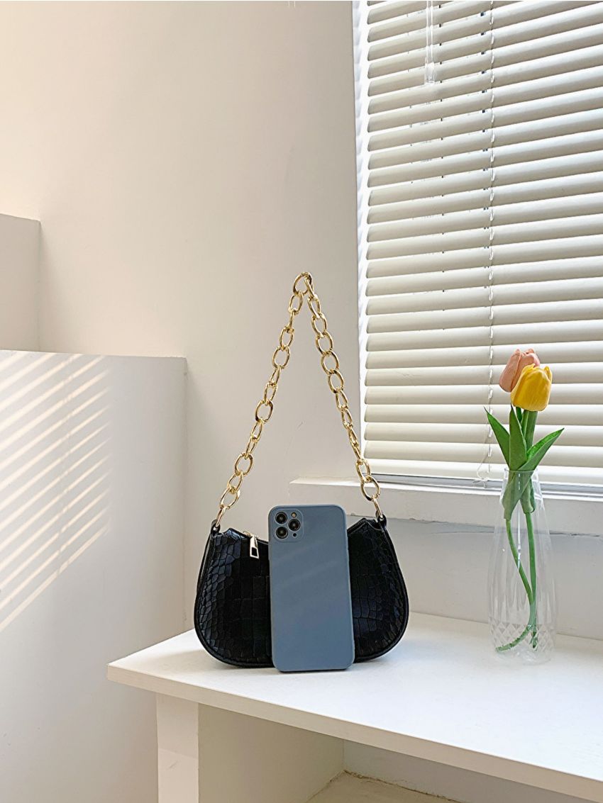 Crocodile Embossed Chain Hobo Bag