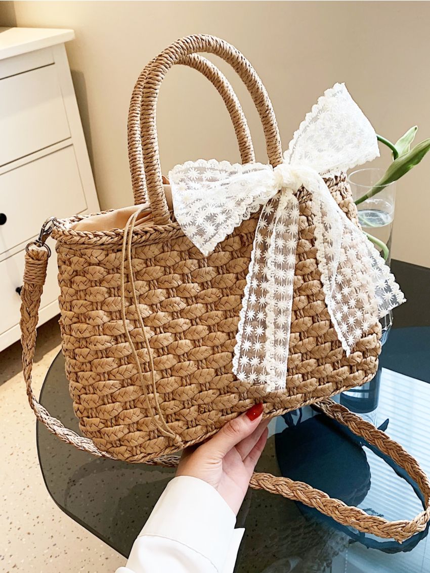 Bow Decor Drawstring Design Straw Bag
