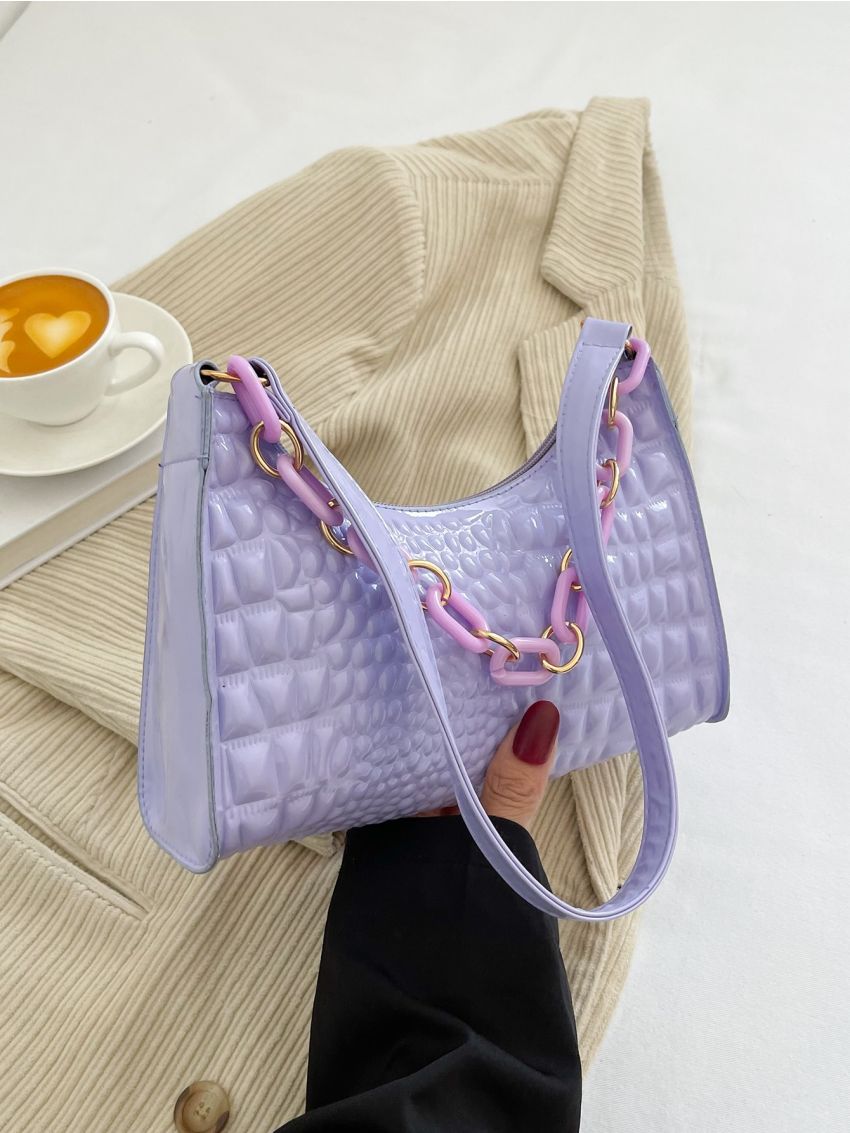 Crocodile Embossed Chain Decor Baguette Bag