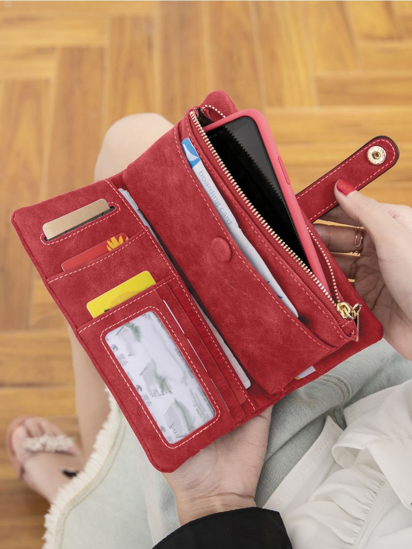 Neon Red Stitch Detail Long Wallet