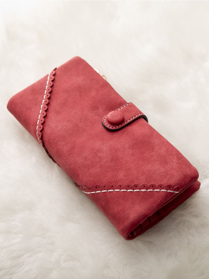 Neon Red Stitch Detail Long Wallet