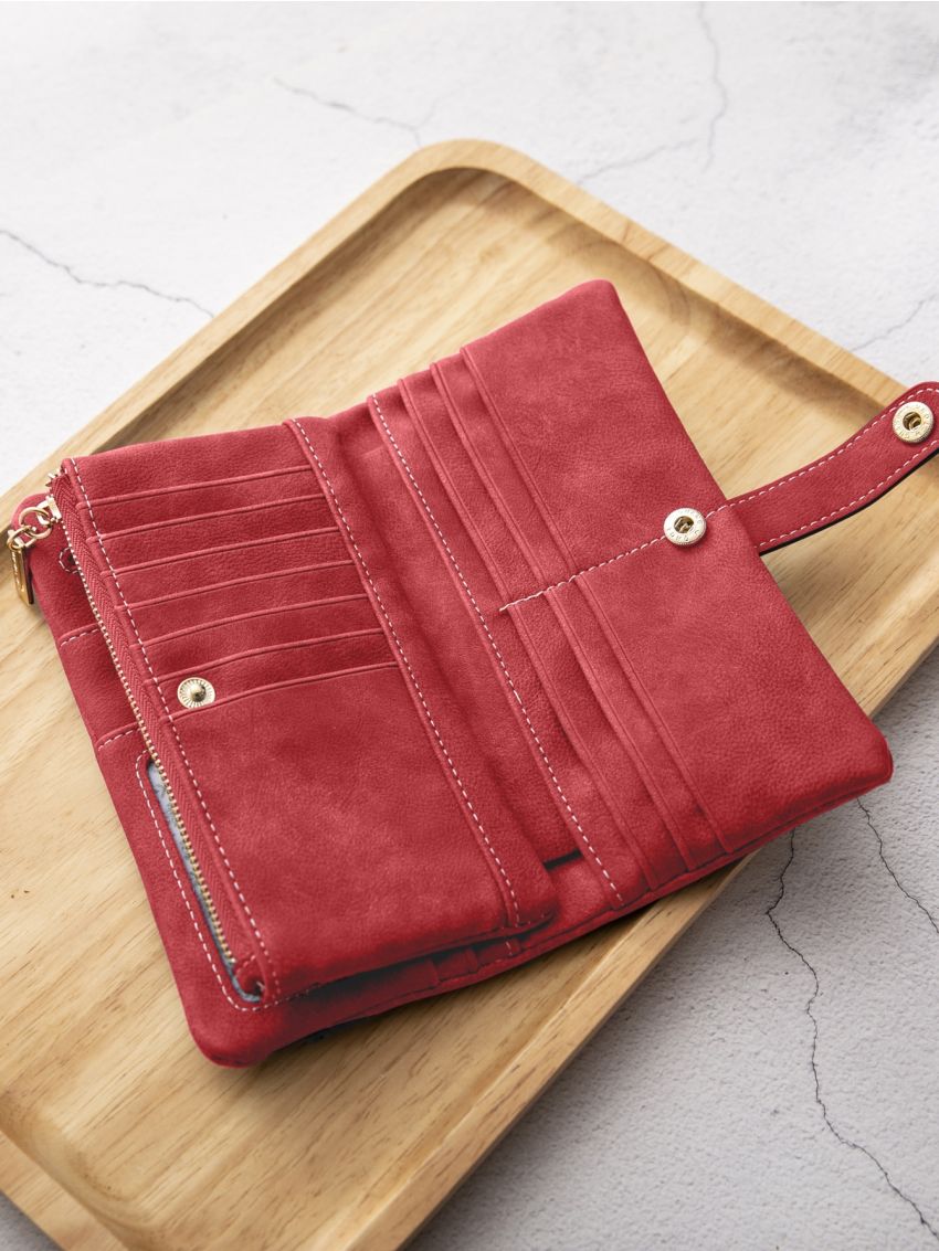 Neon Red Stitch Detail Long Wallet