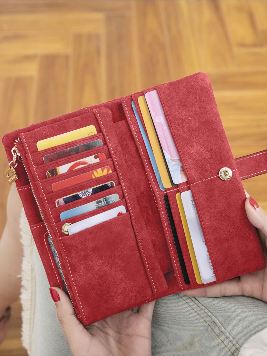 Neon Red Stitch Detail Long Wallet