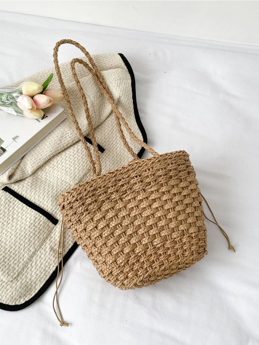 Minimalist Drawstring Design Straw Bag