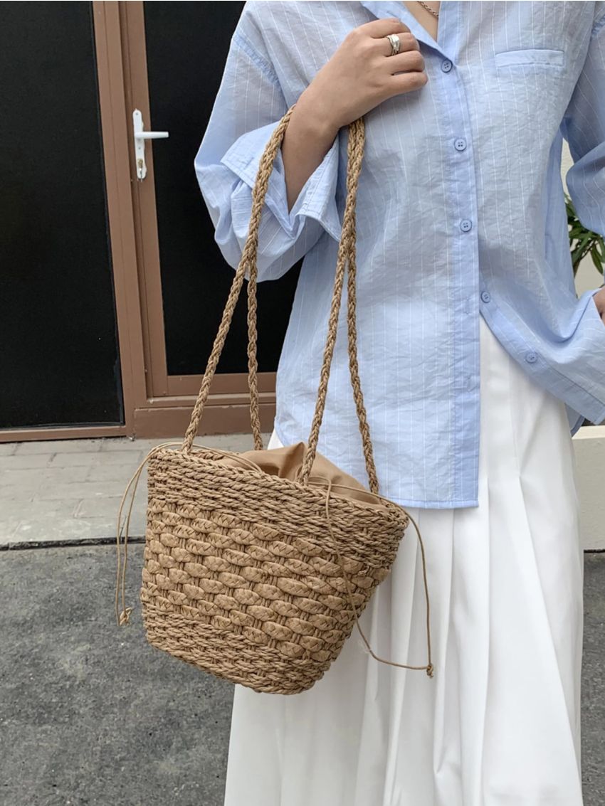 Minimalist Drawstring Design Straw Bag