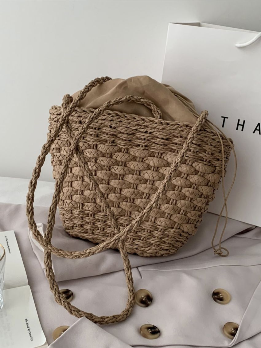 Minimalist Drawstring Design Straw Bag