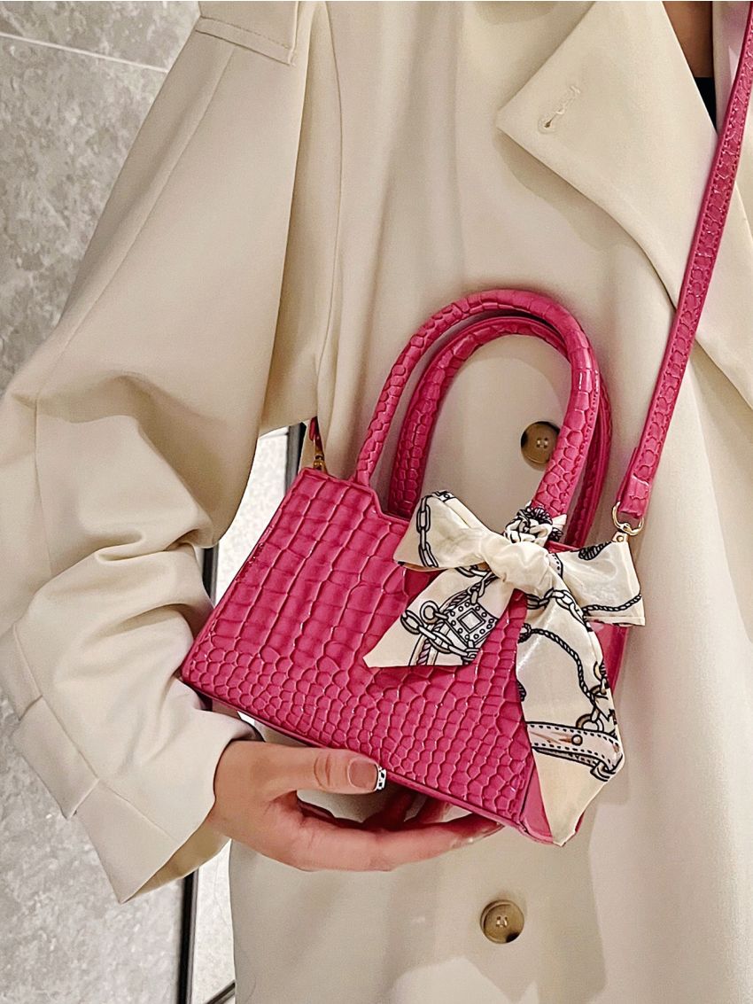 Mini Neon Pink Crocodile Embossed Twilly Scarf Decor Square Bag