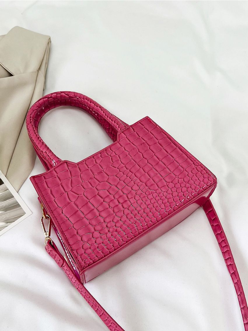 Mini Neon Pink Crocodile Embossed Twilly Scarf Decor Square Bag