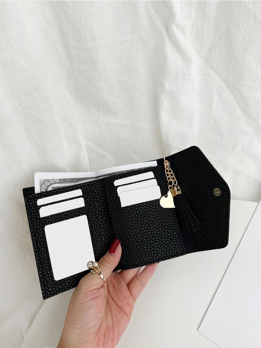 Litchi Embossed Heart & Tassel Decor Small Wallet