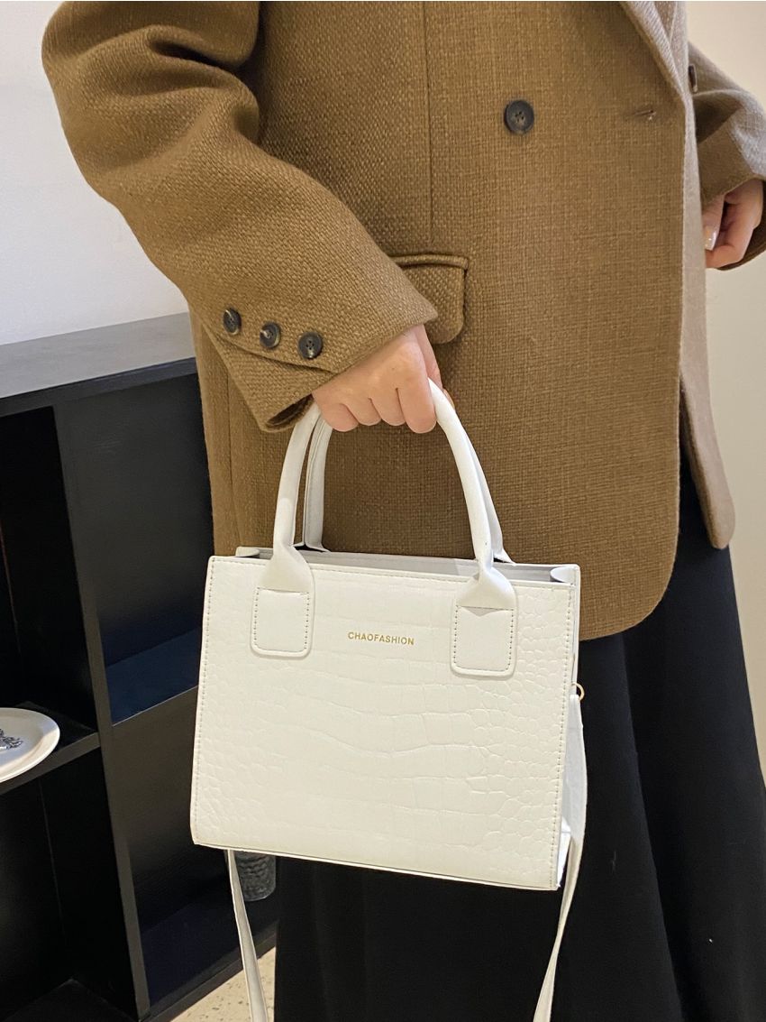 Crocodile Embossed Letter Graphic Square Bag