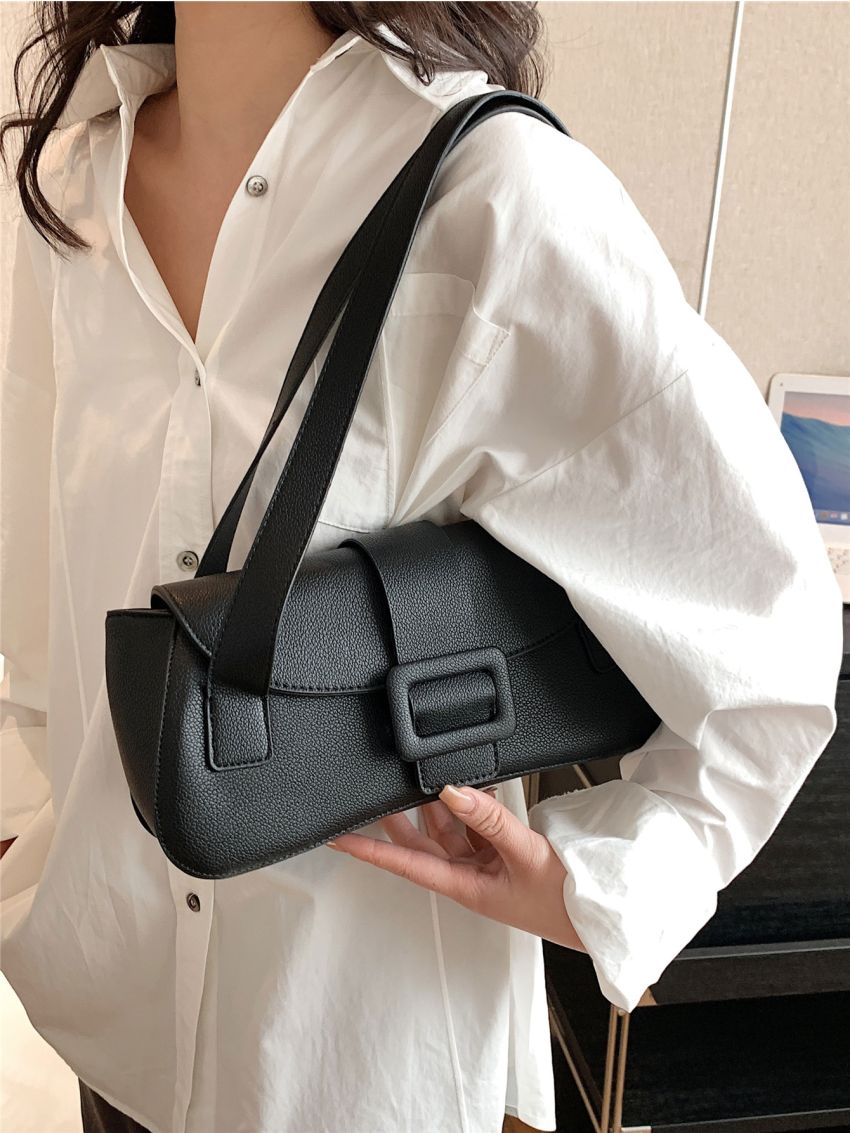 Buckle Decor Flap Shoulder Tote Bag