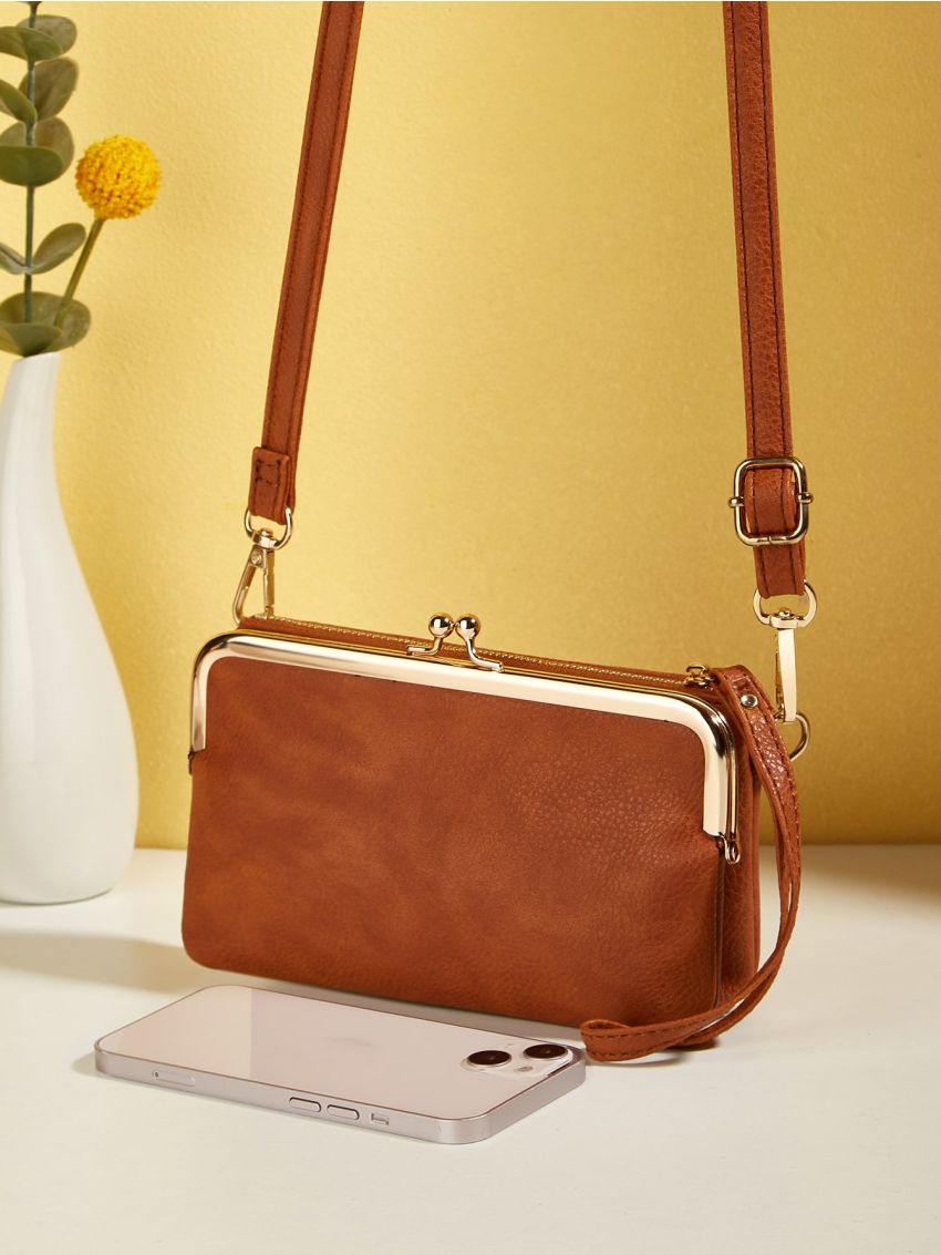 Litchi Embossed Phone Wallet Brown Adjustable-strap Zipper PU