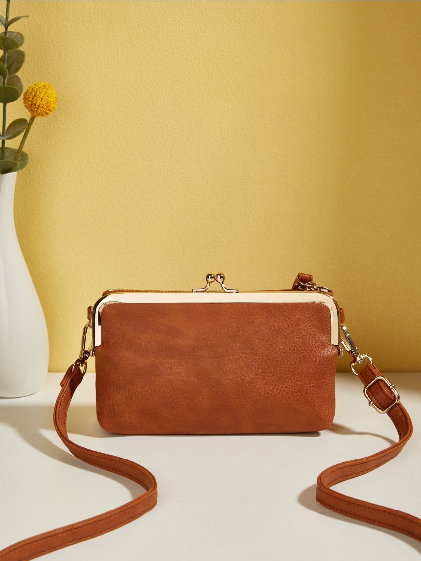 Litchi Embossed Phone Wallet Brown Adjustable-strap Zipper PU