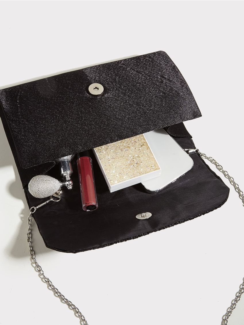 Ruched Detail Flap Chain Satin Envelope Bag