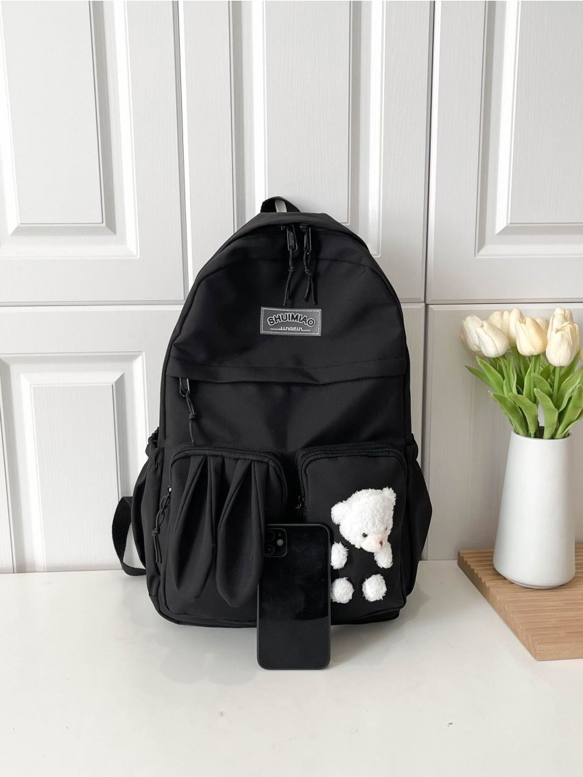 Letter Patch Decor Functional Backpack With Cartoon Bag Charm