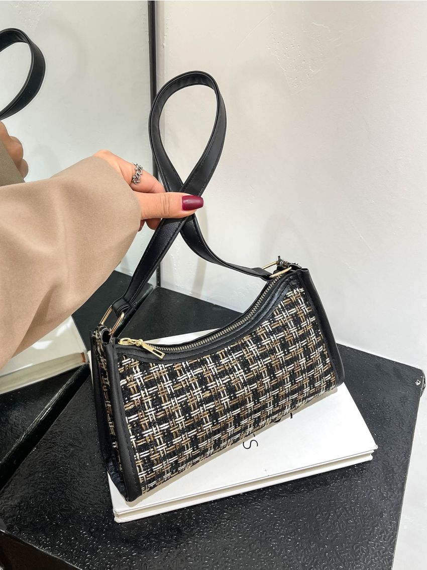 Plaid Pattern Baguette Bag