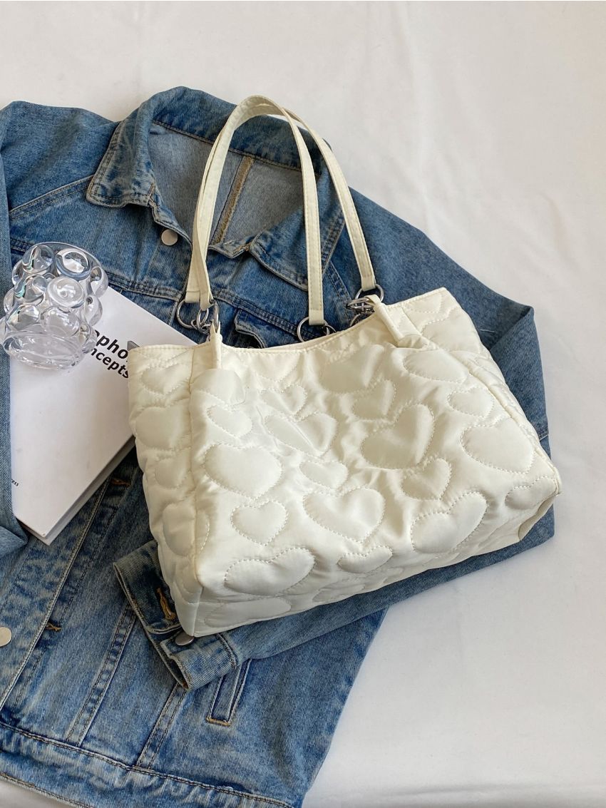 Heart Quilted Chain Decor Shoulder Tote Bag