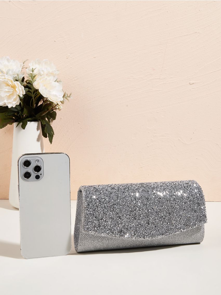 Glitter Decor Flap Chain Envelope Bag