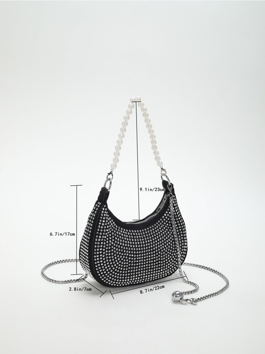 Studded & Faux Pearl Decor Chain Hobo Bag
