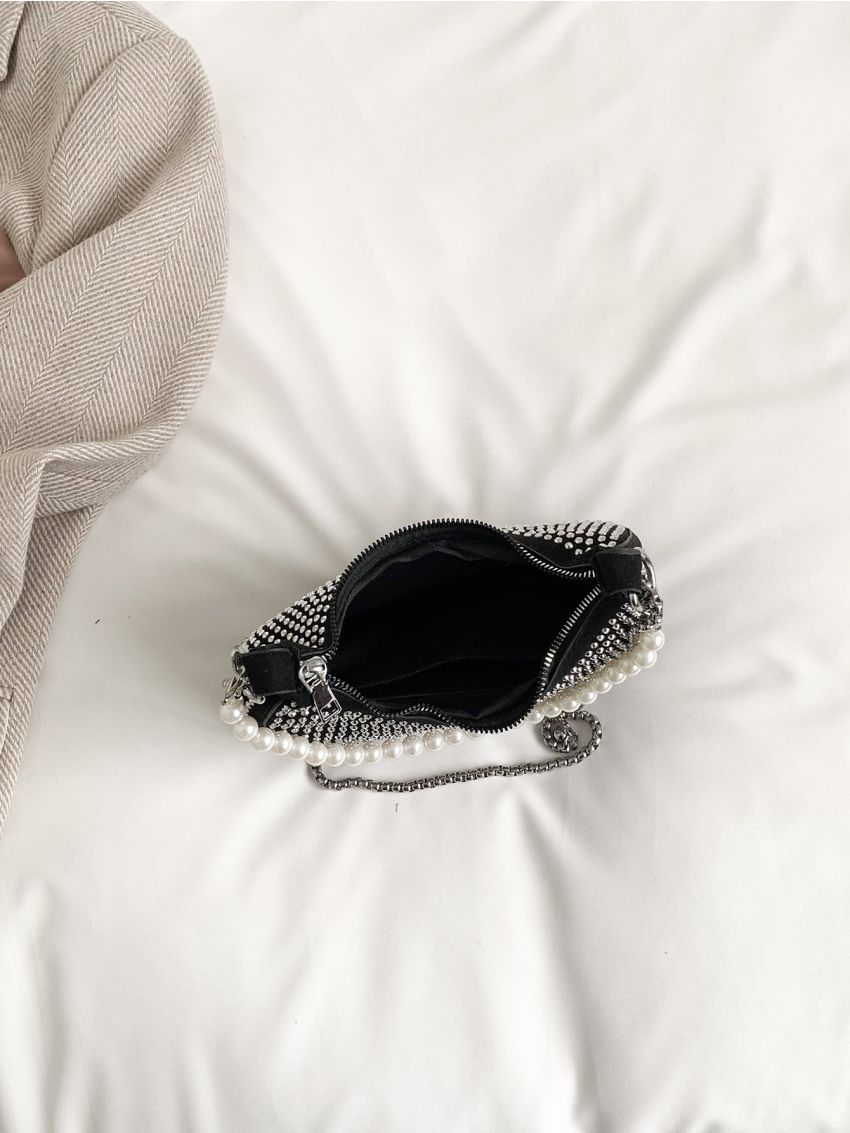 Studded & Faux Pearl Decor Chain Hobo Bag