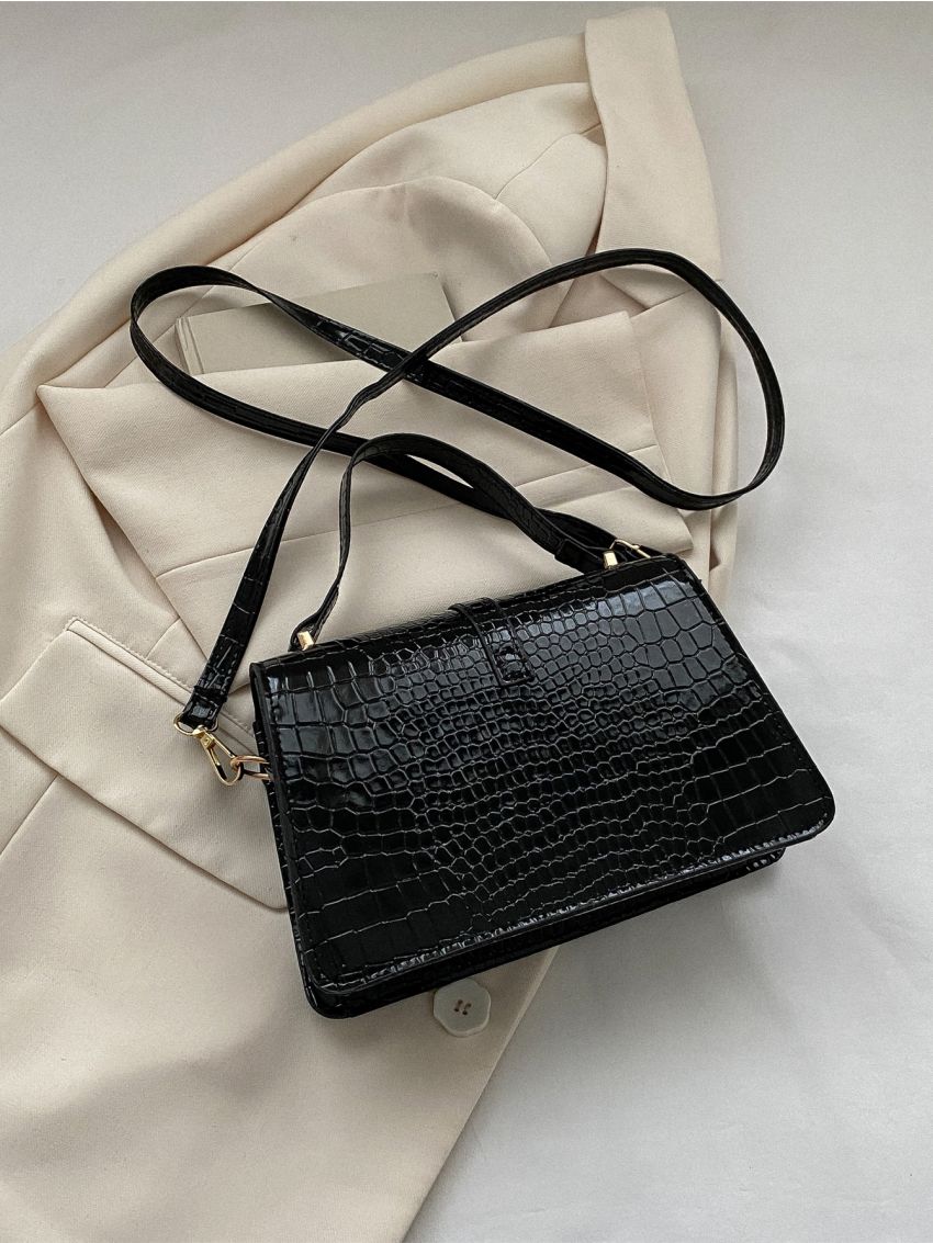 Crocodile Embossed Buckle Decor Flap Square Bag