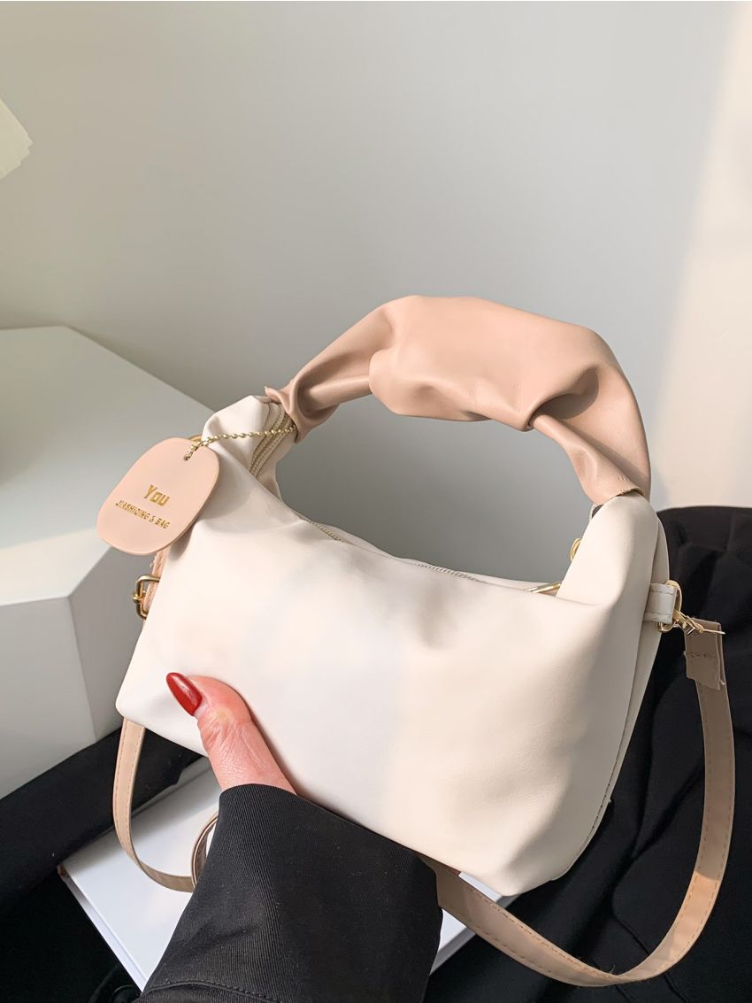 Two Tone Ruched Detail Hobo Bag With Bag Charm