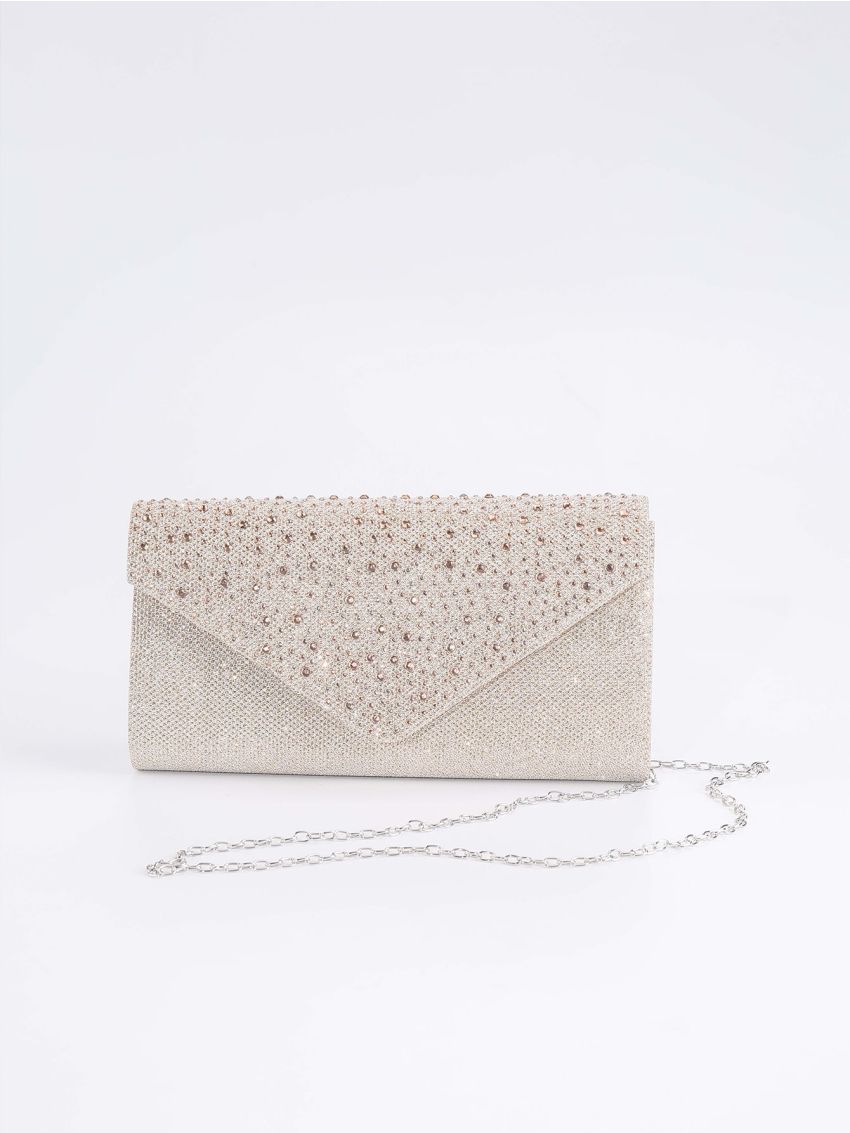 Glitter Rhinestone Decor Flap Chain Envelope Bag
