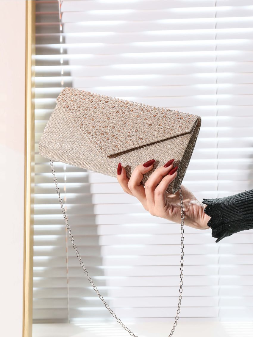 Glitter Rhinestone Decor Flap Chain Envelope Bag