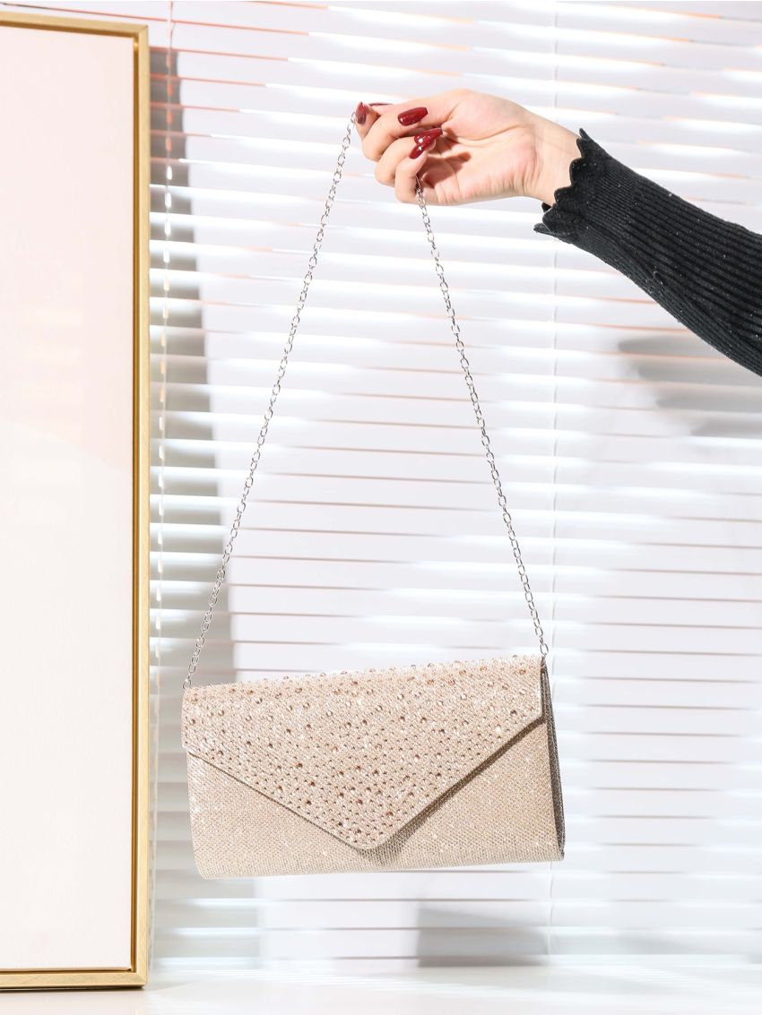 Glitter Rhinestone Decor Flap Chain Envelope Bag