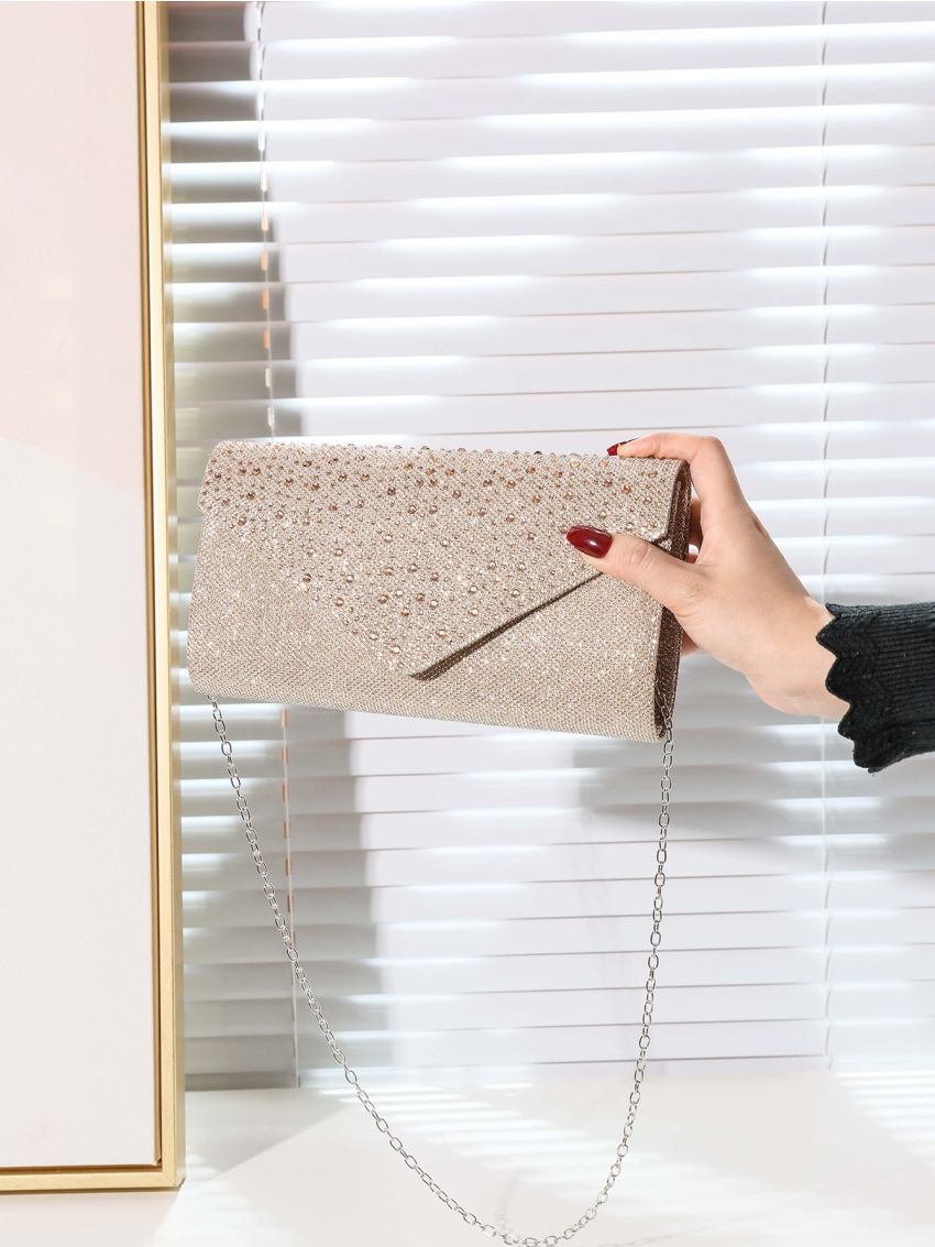 Glitter Rhinestone Decor Flap Chain Envelope Bag