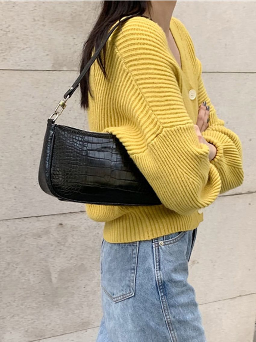 PU Crocodile Baguette Bag Women New Fashion Handbag Zipper Retro Underarm Bag