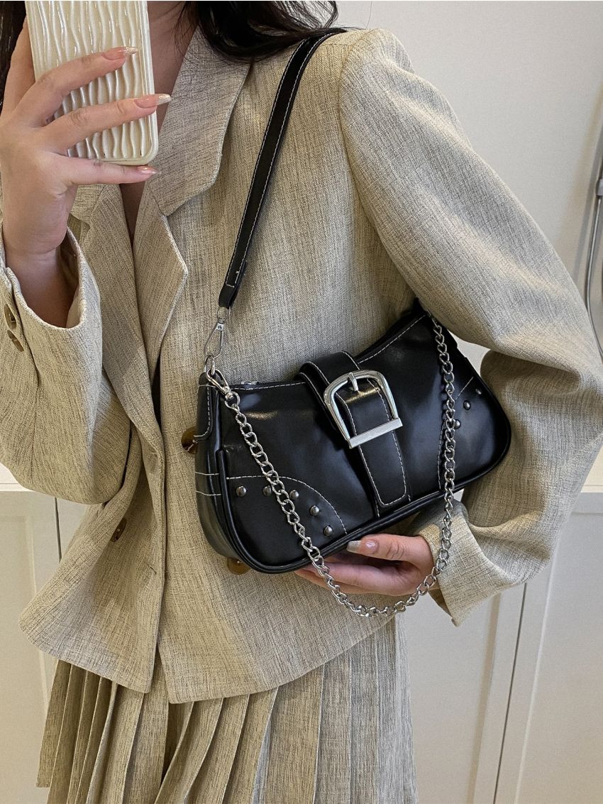 Buckle Decor Studded Detail Chain Baguette Bag