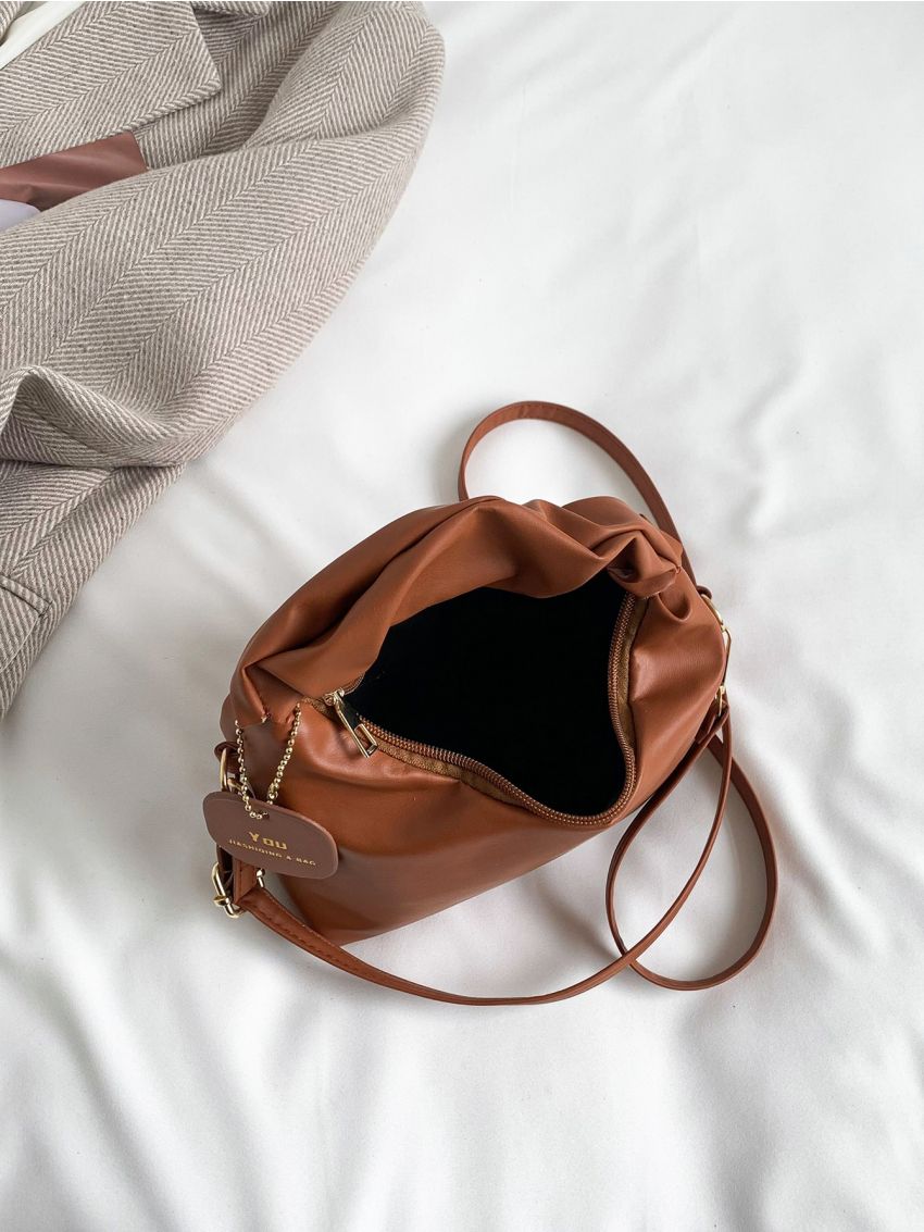 Mini Letter Patch Decor Ruched Detail Satchel Bag