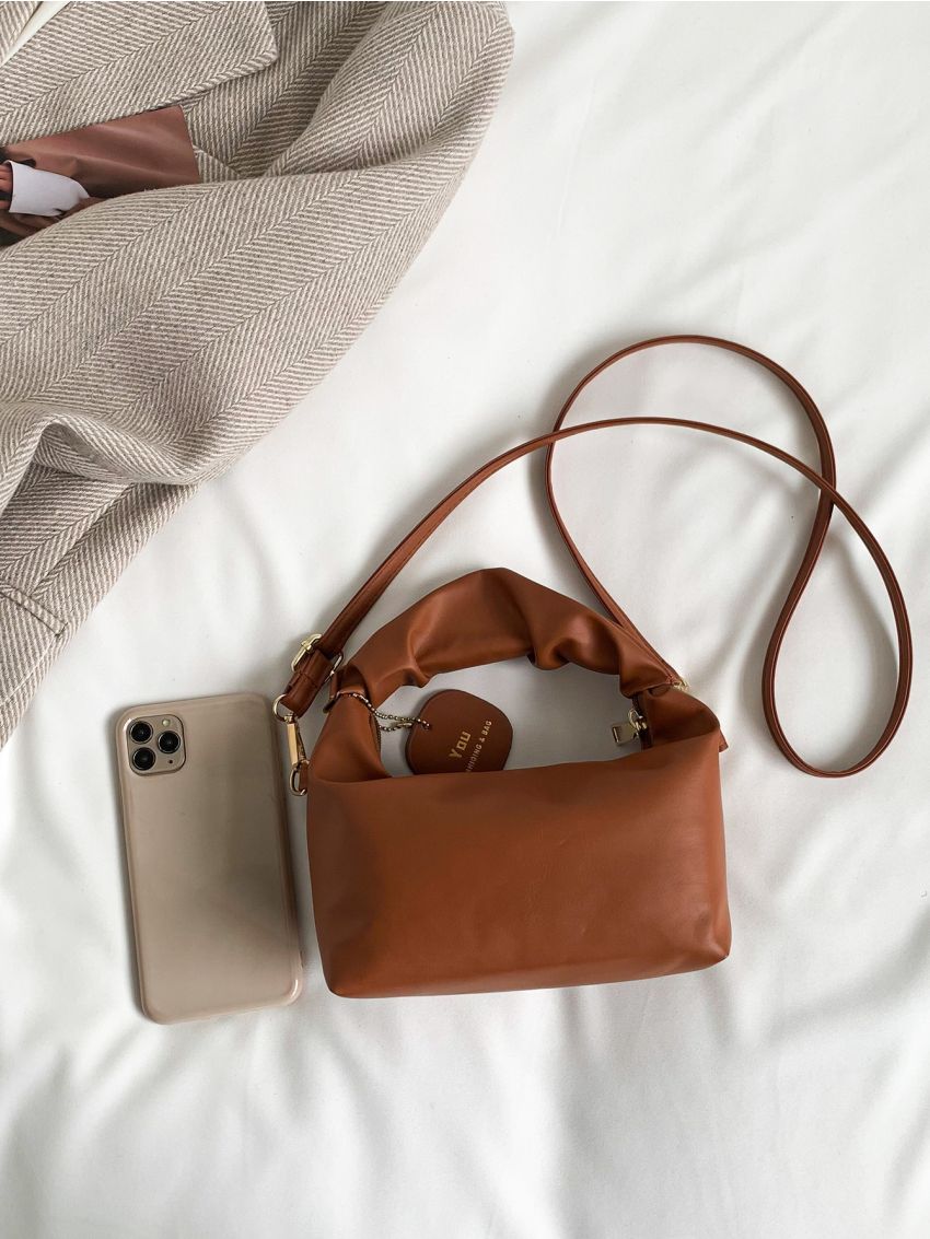 Mini Letter Patch Decor Ruched Detail Satchel Bag