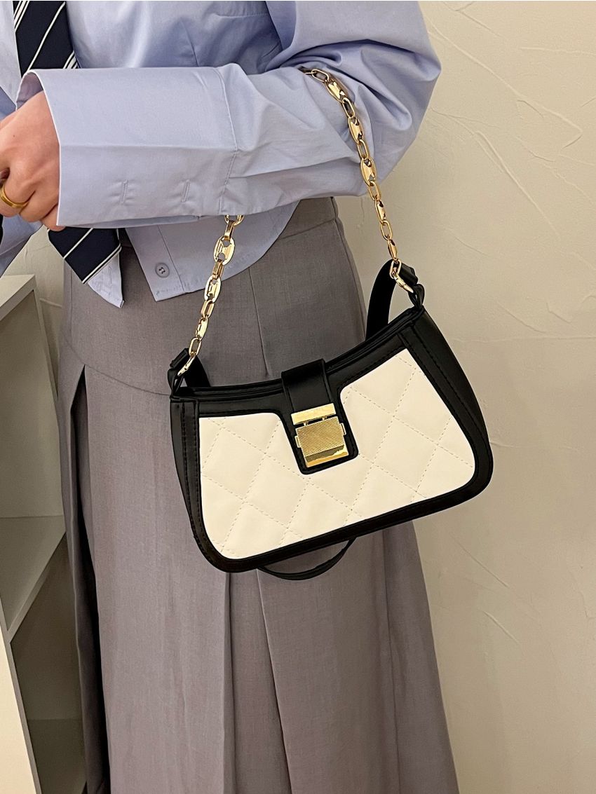 Two Tone Quilted Pattern Chain Hobo Bag