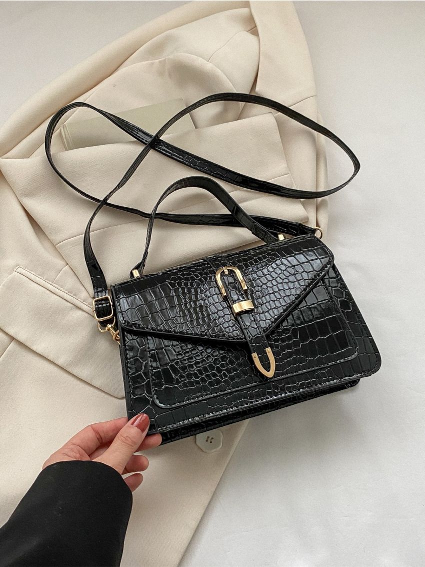 Crocodile Embossed Buckle Decor Flap Square Bag