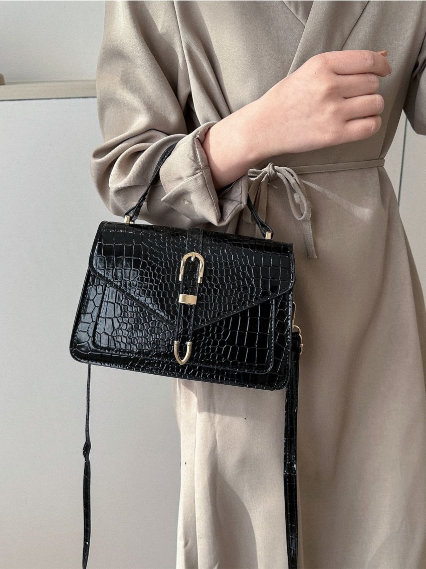 Crocodile Embossed Buckle Decor Flap Square Bag