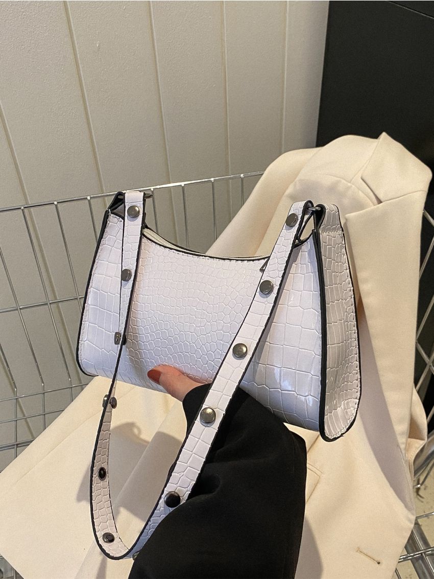 Crocodile Embossed Contrast Binding Baguette Bag