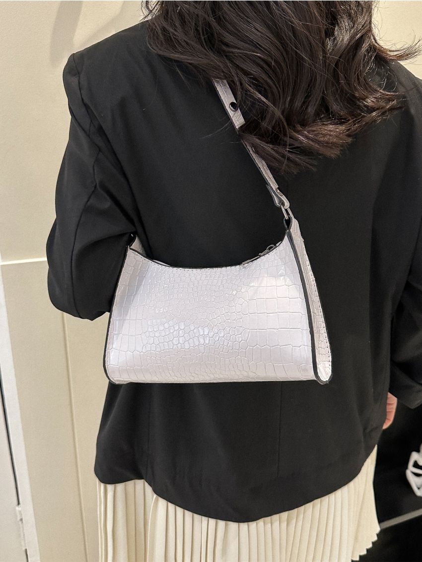 Crocodile Embossed Contrast Binding Baguette Bag