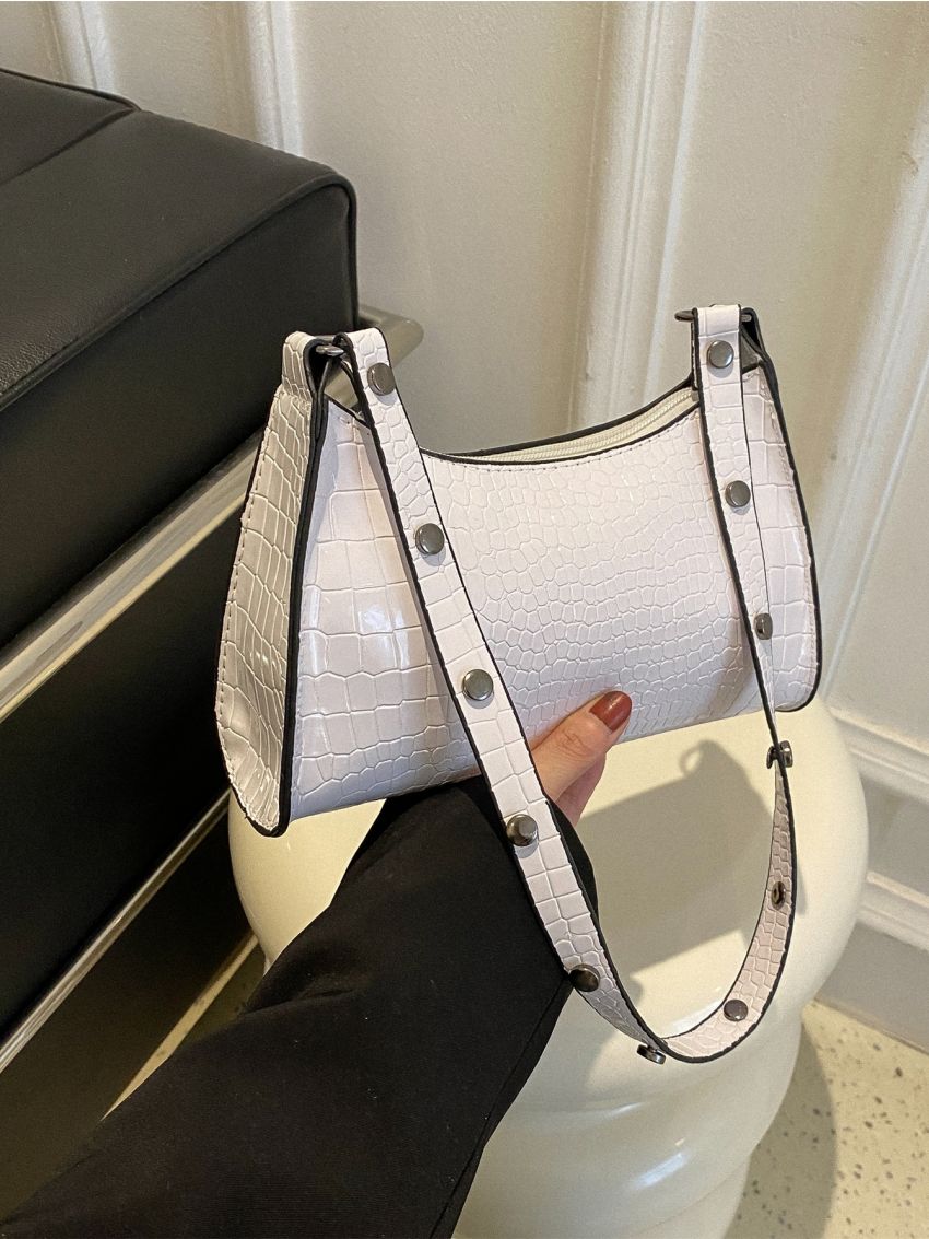 Crocodile Embossed Contrast Binding Baguette Bag