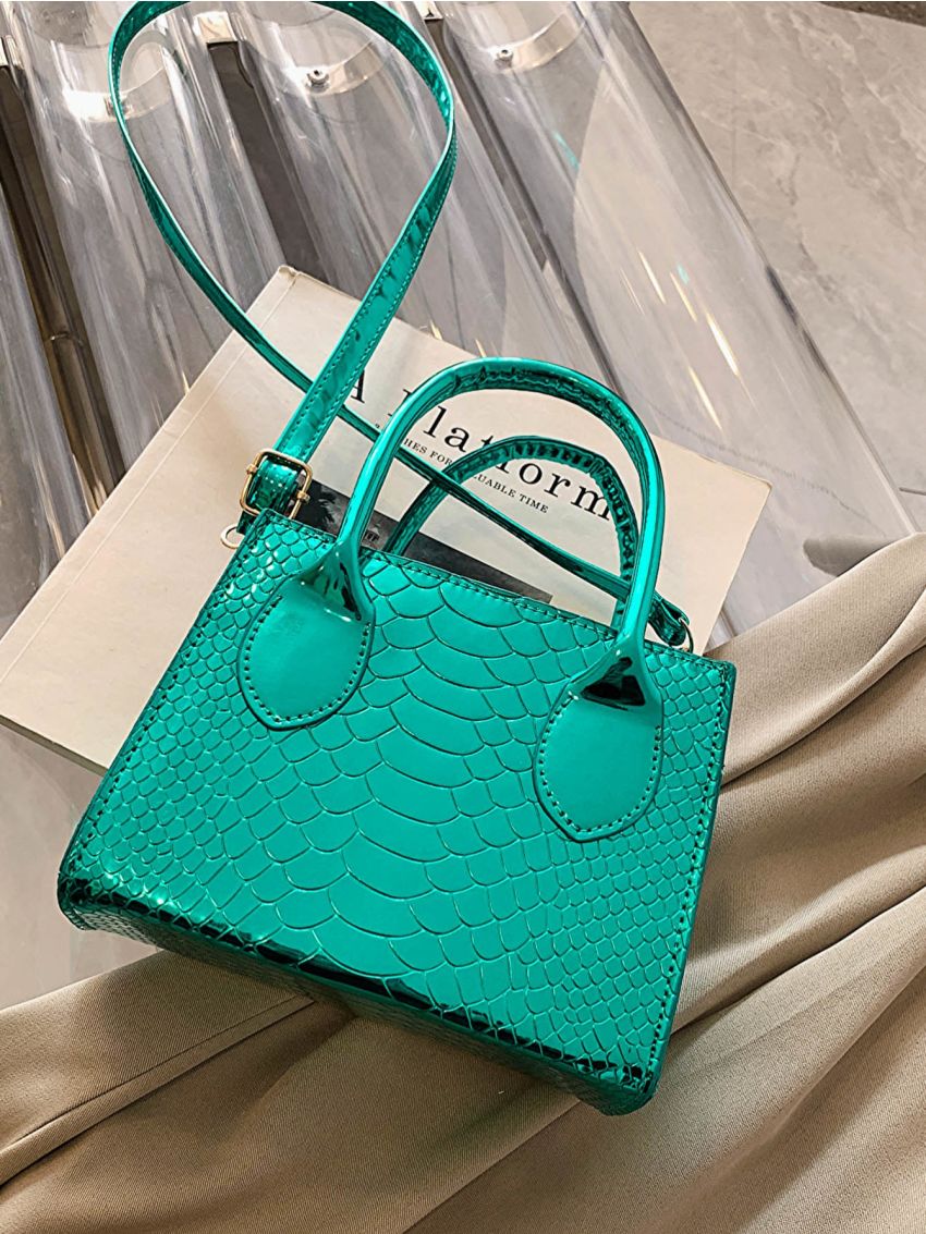 Mini Neon Blue Crocodile Embossed Square Bag