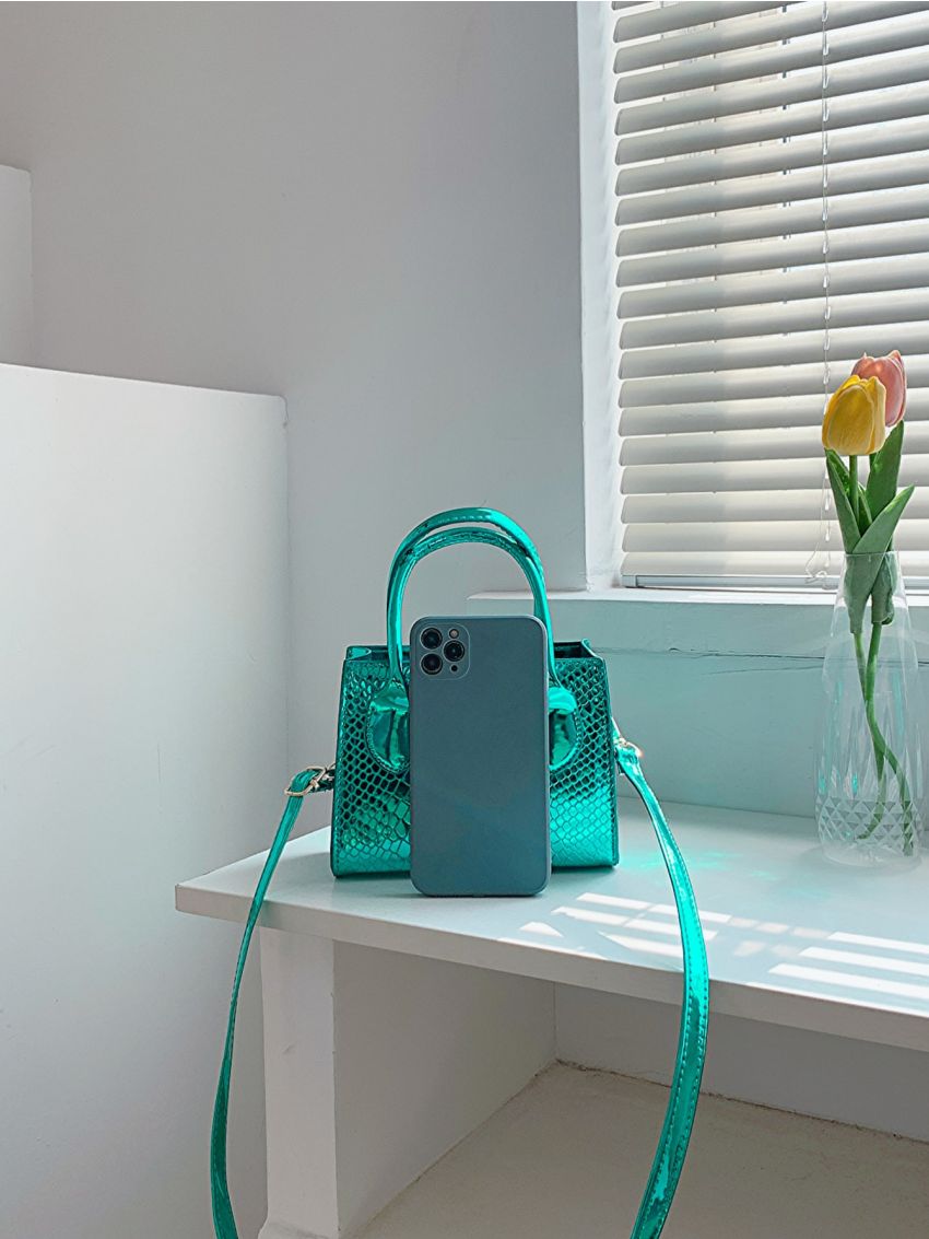 Mini Neon Blue Crocodile Embossed Square Bag