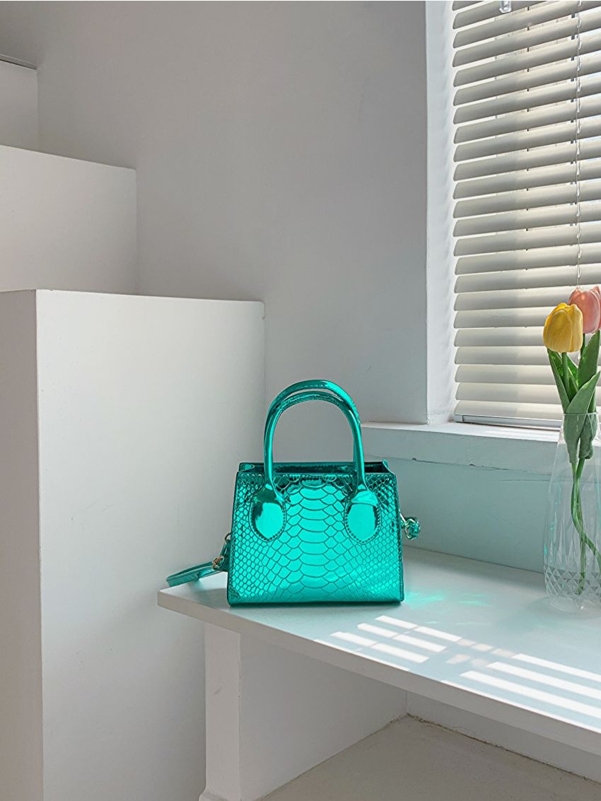 Mini Neon Blue Crocodile Embossed Square Bag