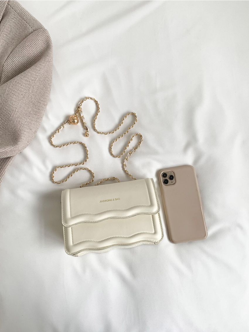 Mini Novelty Bag Fashionable Letter Graphic Scallop Trim Flap Chain PU