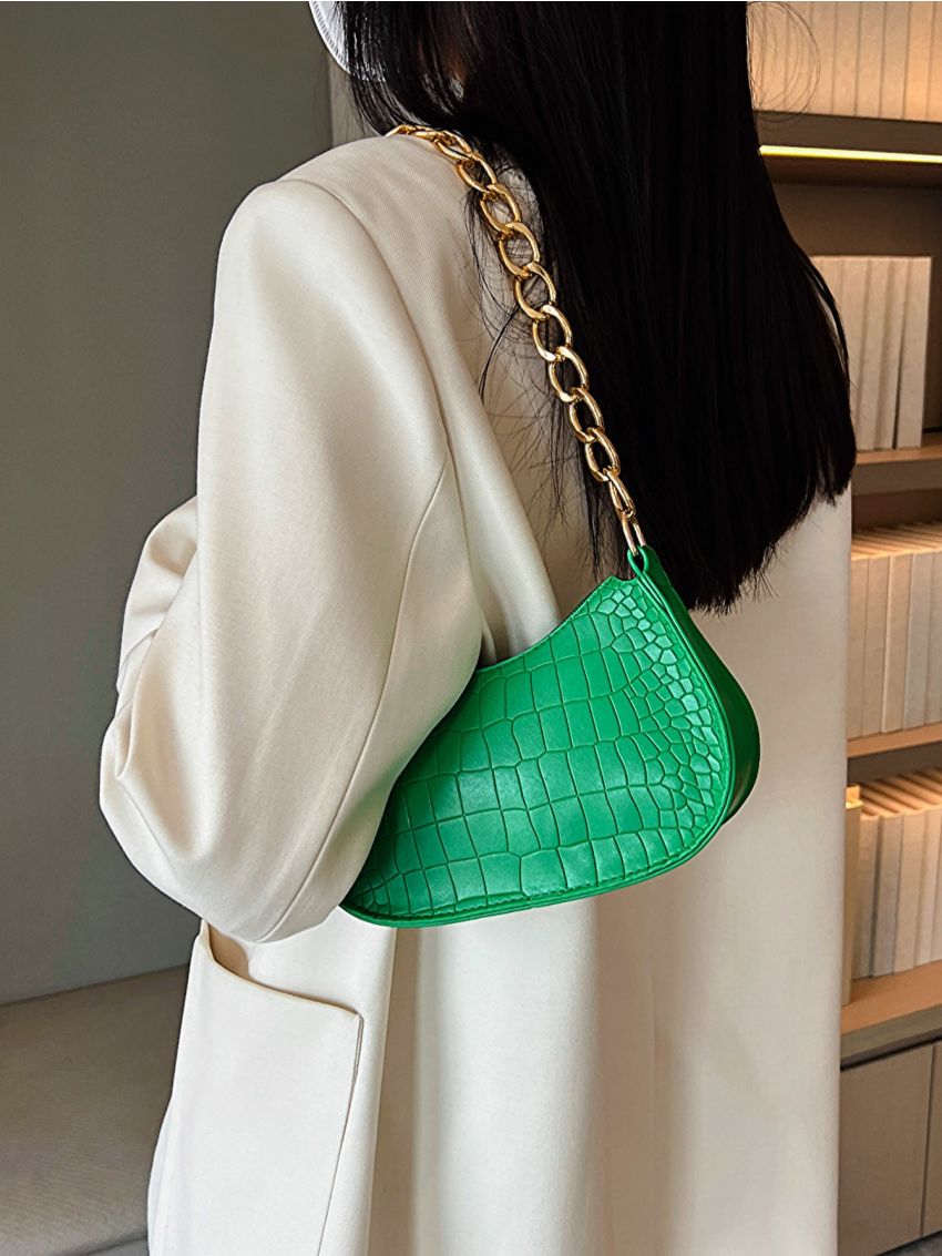Crocodile Embossed Chain Hobo Bag