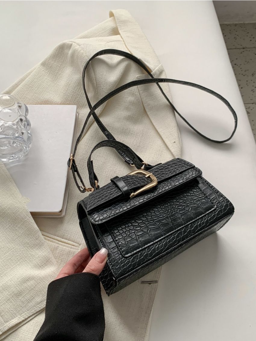 Crocodile Embossed Buckle Decor Flap Square Bag