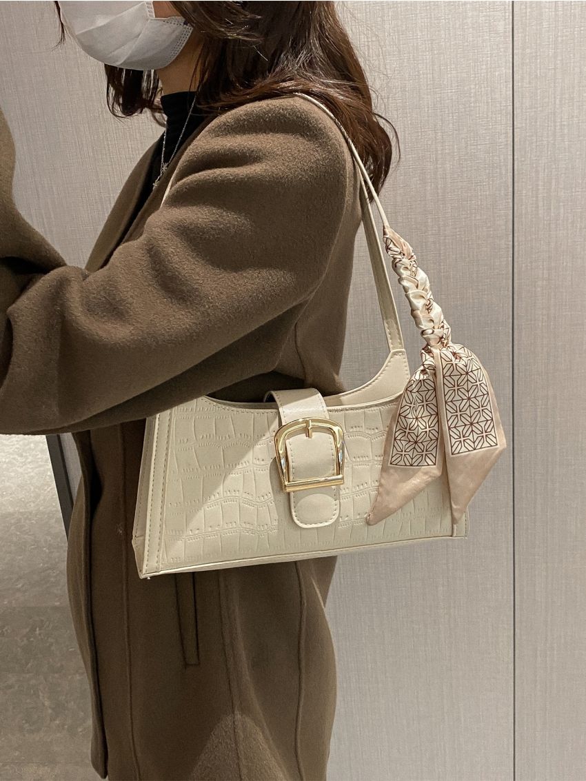 Crocodile Embossed Random Pattern Twilly Scarf Decor Baguette Bag
