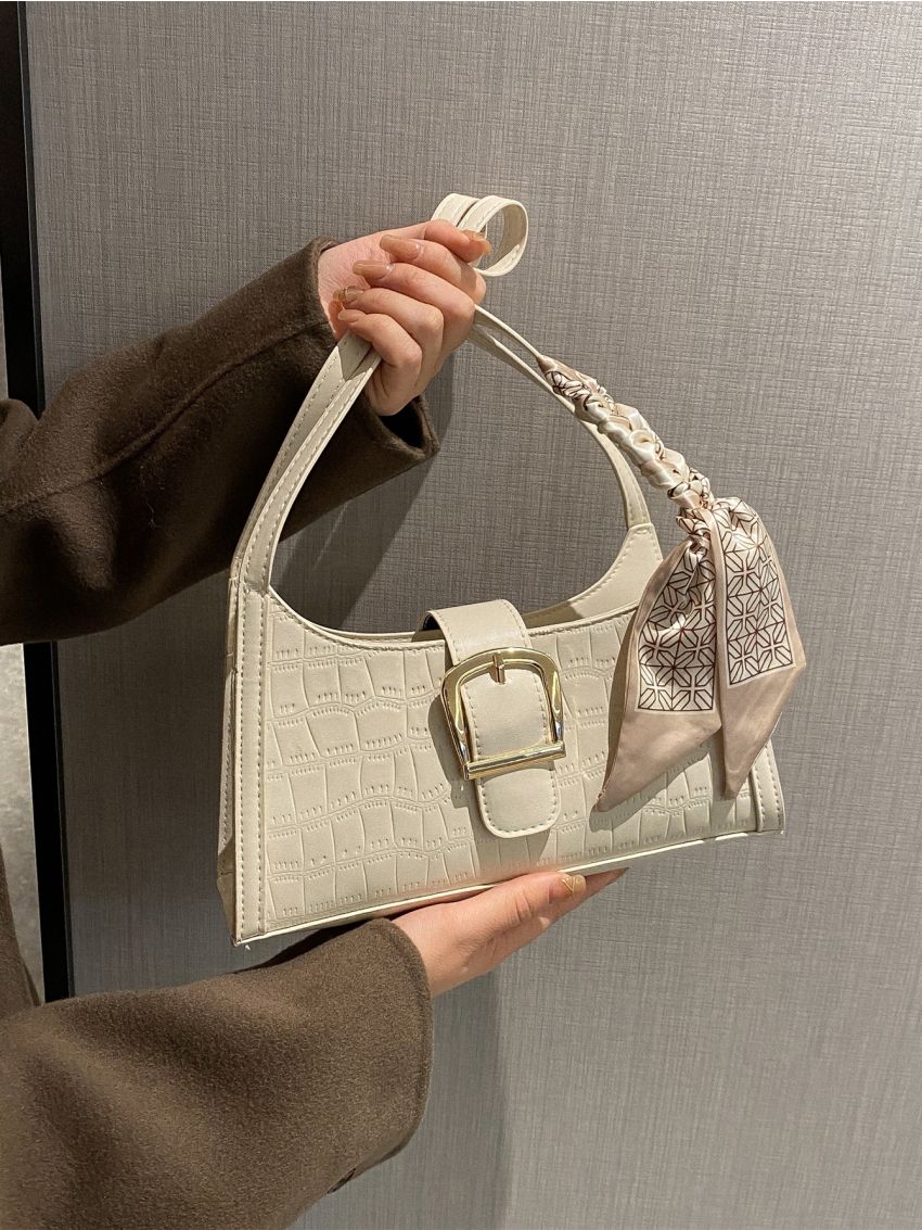 Crocodile Embossed Random Pattern Twilly Scarf Decor Baguette Bag