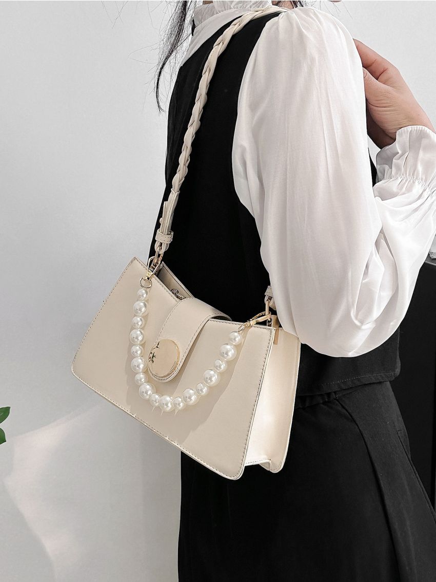 Faux Pearl Decor Baguette Bag